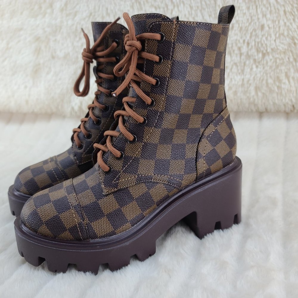Checker Brown Platform Combat Boots